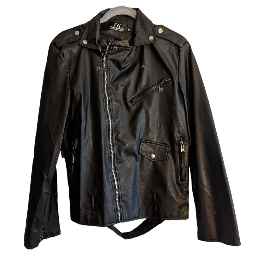 NWT FZL Black Faux Leather Biker Belted Moto Punk Rocker Jacket CHI XXL/US XL